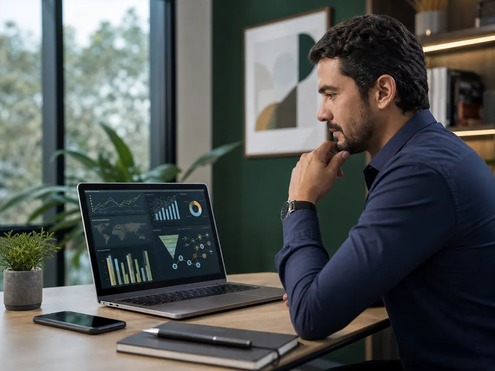 Consultor acompanhando indicadores de SEO, automacao e performance